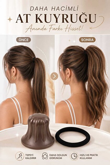 Kadın Kahverengi Lastik Toka Hediyeli At Kuyruğu Saç Şekillendirici Hacim Verici Dolgunlaştırıcı Volüm Ponytail Hair Aksesuar Pratik Aparat 2'li Set