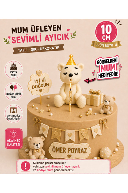 Mum Üfleyen Sevimli Ayıcık Pasta Süsü | Gold Şapkalı Ayıcık Cake Topper - Doğum Günü Süsü Figür-Oyuncak