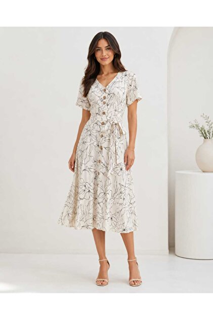 Rochie dama midi din in 100% – imprimeu floral