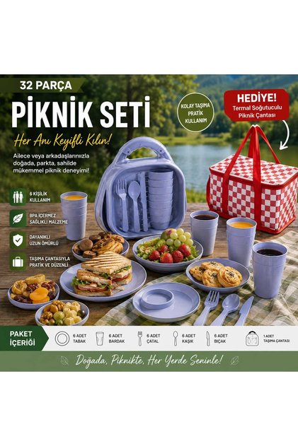 🏕️ 32 PARÇA PİKNİK SETİ HEDİYE TERMAL SOĞUTUCU ÇANTA 🧺