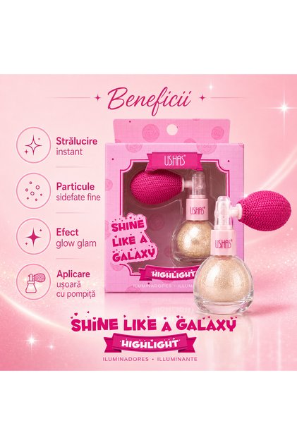 Shine Like a Galaxy – Iluminator Pudra cu Sclipici, Efect Glow Intens, cu Pompita pentru Față și Corp, Yellowish