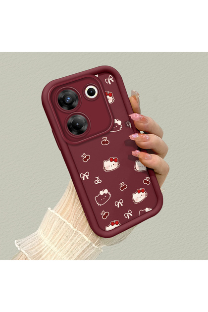 Tecno Camon 20 Pro 5g Compatible Bordeaux Color Cute Cat Cherry and Bow Pattern Silicone Case
