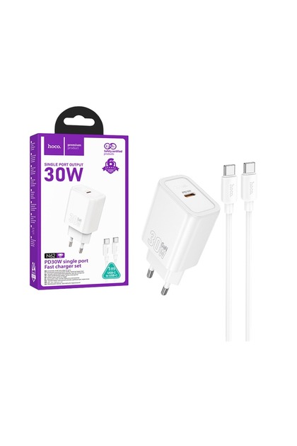 Încărcător telefon USB-C + cablu USB-C la USB-C, PD QC 30W, Hoco N62, alb