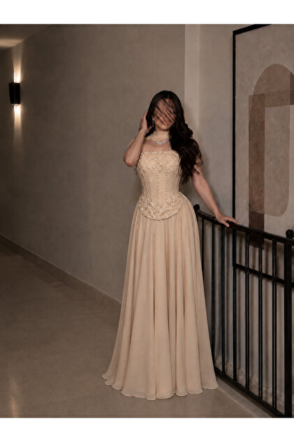 Champagne Long Evening Dress with Corset Design and Luxurious Embroidery