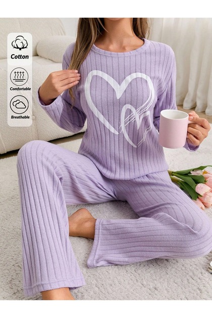 Seasonal Lilac Cotton Heart Detailed Pajama Set
