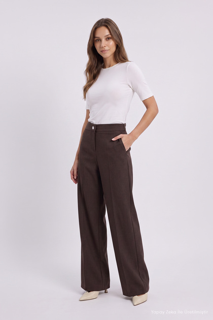 Yüksek Belli Bol Kesim Kahve Pantolon 0287