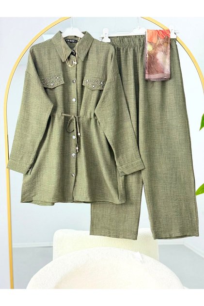 Lace-Up Linen Trousers Suit with Stone Capes in Khaki