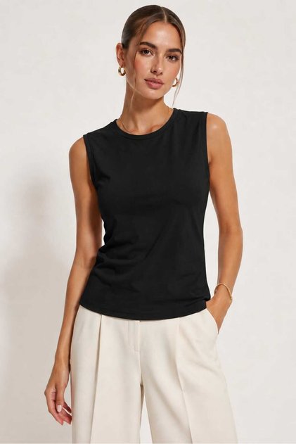 Women's Zero Sleeve Basic Top Crew Neck Sleeveless T-Shirt
