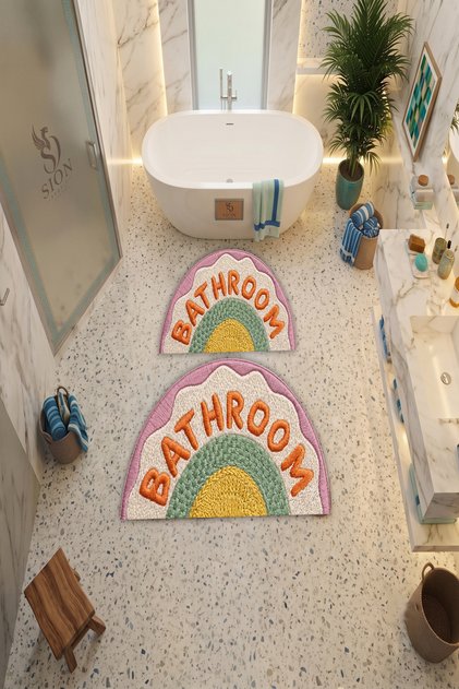 Yıkanabilir Saçaksız Kaymaz Dot Taban Yumuşak Desenli Banyo Paspası 2'li Set 60x100ve40x60cm