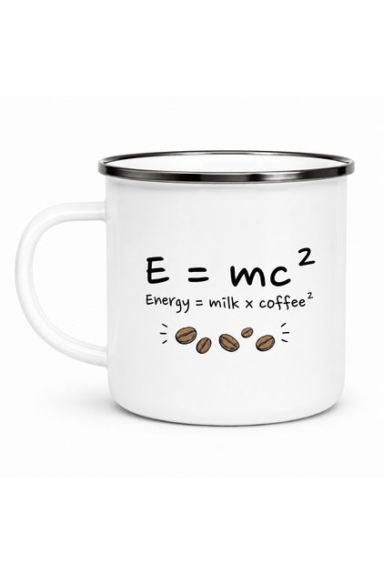 Cană emailată E=mc² – Energy = Milk × Coffee², metal emailat, alb