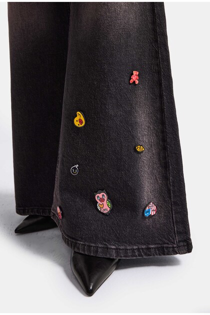 Women's Dark Jeans 2W6-195 Flare Fit Emoji Icon Detailed Design Stretch Fabric Denim Jean