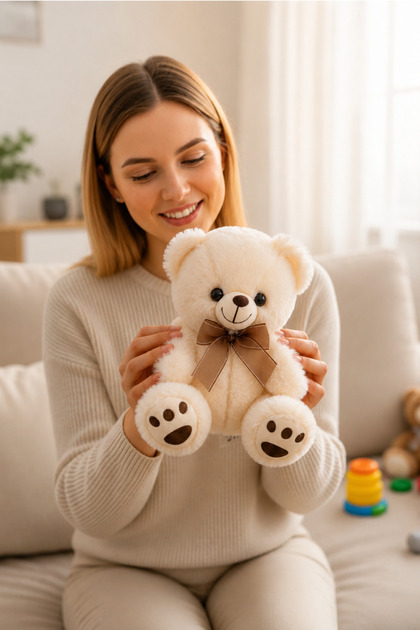 Beyaz Sevimli Peluş Ayı 20 cm - Kurdeleli Yumuşacık Ayıcık Sevgiliye Ve Çocuklara Hediye
