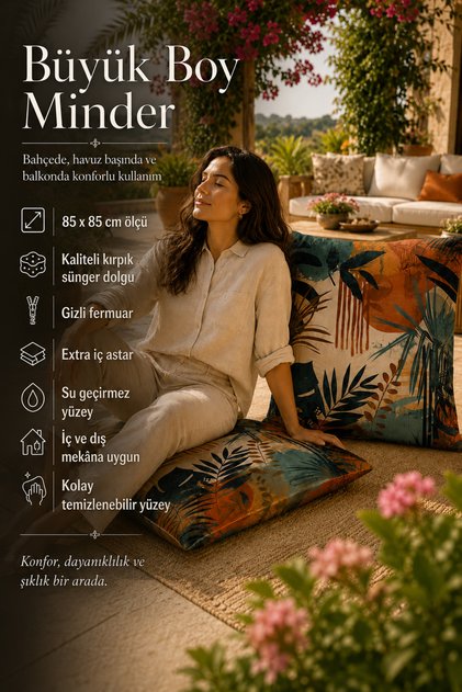 Bohem Desenli 85x85 Yer Minderi, Baskılı Su İtici Yer Minderi, Konforlu ve Yumuşak