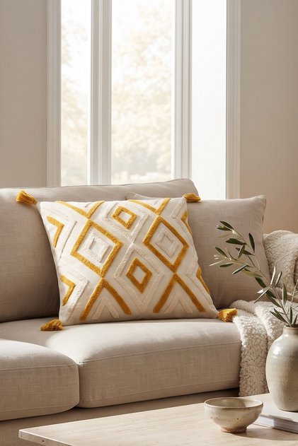 Bohemian Ethnic Geometric Patterned Embossed Punch Embroidered Tassel Cushion Cover 42X42 cm