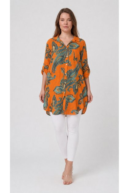 Women's Multi-Colored Patterned Italian Style Buttoned Shirt Collar Tunic