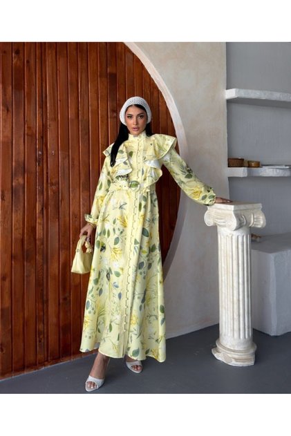 Women's Yellow Chokella Fabric Ruffle Detailed Belted Maxi Dress Jen26102