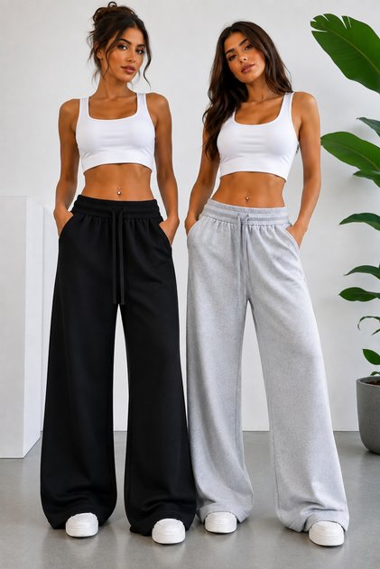 2 Pcs Sweatpants Plain Black Gray Wide Leg Comfortable Fit Sweatpants, Sweatpants