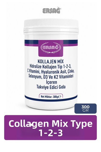 Collagen Mix Type 1-2-3 Food Supplement Containing Vitamin C and Hyaluronic Acid 300 Gr