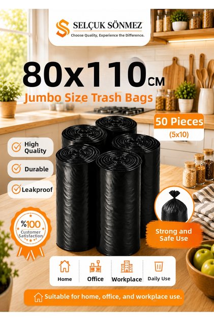 Jumbo Boy Trash Bags 80X110 cm Black 50 Pieces (5X10) Durable and Resistant
