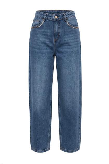 Mavi Trok Detaylı %100 Pamuk Yüksek Bel Barrel Jeans TWOAW27JE00014