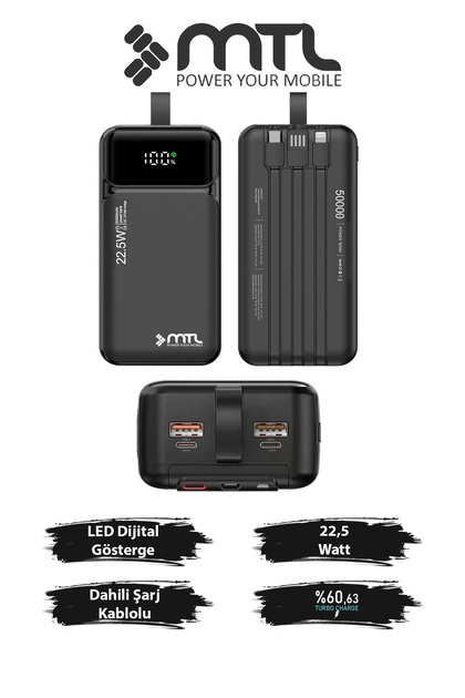 MTL 20000 mAh 22.5W Turbo Şarj Dahili Kablolu Dijital Led