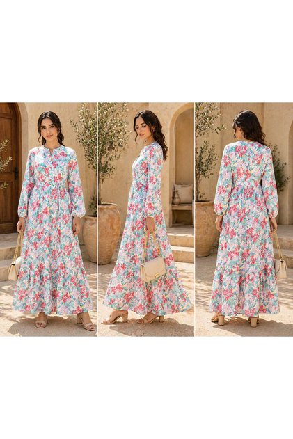 White & Green Botanical Print Tiered Casual Dress