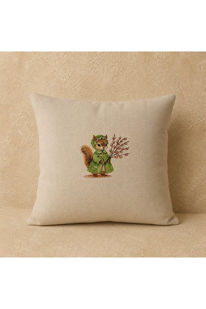 Vintage Squirrel Embroidered Cotton-Linen Throw Pillow Cover – Natural Texture (45X45 cm) Natural