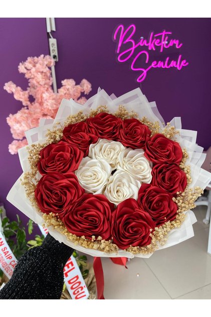 Buchet de 14 trandafiri din satin roșu și alb, floare care nu se ofilește, buchet cadou pentru iubită și mamă
