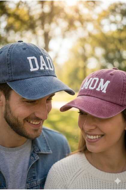 2'Li Anne Baba Kombin Aile Şapkası-Vintage Eskitme Unisex DAD / MOM Yazılı Pamuk Şapka