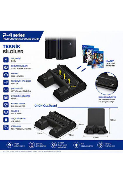 YUES Ps4 Multi Fonksiyonel Stand Fanlı Oyun Stand Şarj Standı (PS4