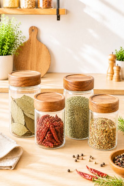 Acacia Borosilicate Glass Spice Jar Set of 4 with Bamboo Stand and Wooden Lid