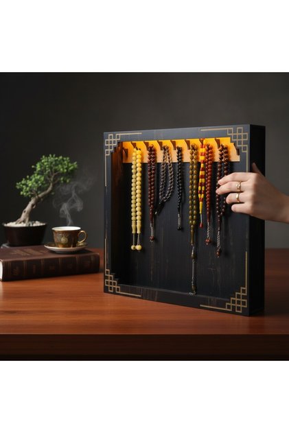 Ahşap Led Işıklı Tespih Standı - 40 x 35 cm - Rebap