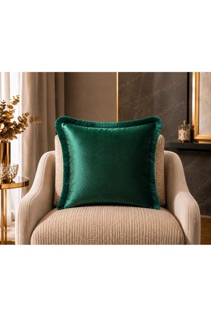 Exclusive Imported Atlas Emerald Green Color Tassel Decorated Cushion Cover 43X43 cm