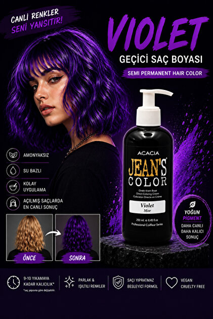 Amonyaksız Renkli Saç Boyası Mor 250ml. Kokusuz Su bazlı Violet Hair Dye
