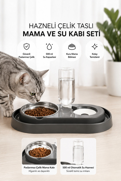 Hazneli Çelik Taslı Kedi-köpek Mama Ve Su Kabı Seti 500 ml Gri