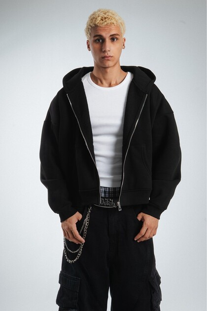 Crupt Studio Siyah Boxy Crop Erkek Ceket Zip Hoodie - Fiyatı