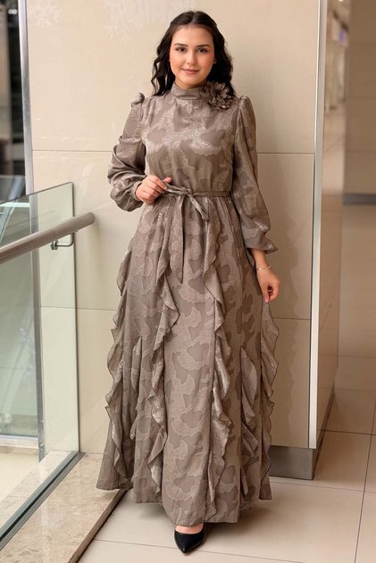 Self-Patterned Ruffled Evening Dress