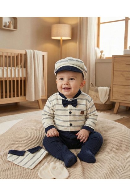 Boy Baby Striped Tuxedo 0-3 Months 5-Piece Newborn Hospital Release Zibin Set