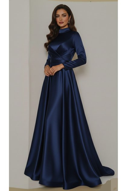Drape Detaylı Saten Kumaştan Tesettür Abiye