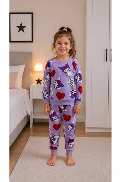 Girl's Cotton Purple Color Kuromi Patterned Long Sleeve Seasonal Pajama Set