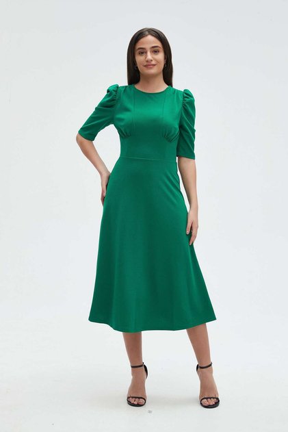 Plain Women's Midi Dress with Ruffle on Shoulder, Short Sleeves