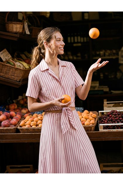 X Melis Ağazat - Short Sleeve Front Tie Stone Embellished Striped Crop Shirt