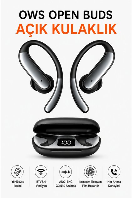 OWS Açık Kulak Bluetooth Kulaklık, AI Akıllı Çeviri Destekli Kablosuz Kulaklık, ANC+ENC Gürültü Azaltma Teknolojisi, BT 5.4, Dijital Göstergeli Şarj Kutulu Premium Kulaklık