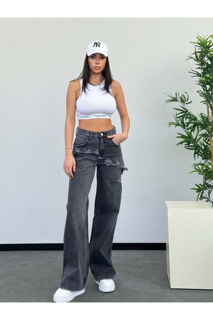 Women's High Waist Distressed Loose Denim Trousers
