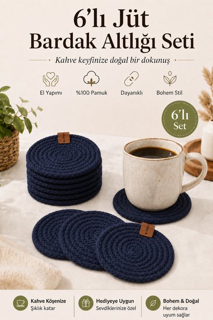 Set of 6 Handmade Cotton Coasters Navy Blue Bohemian Coffee Corner Decor
