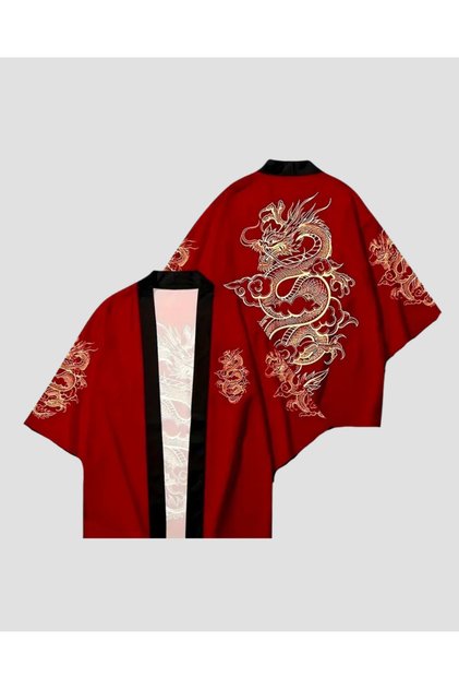 Dragon Design Red Black Detaylı Unisex Kimono