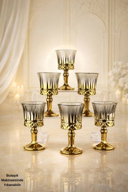 Premium Honey Titanyum Işıltılı Ayaklı Küçük Kahve Yanı Kadeh Seti - 6 Adet-Hediyelik