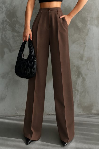 Women's Pleated High Waist Wide Leg Lycra Palazzo Pants 1139 Brown