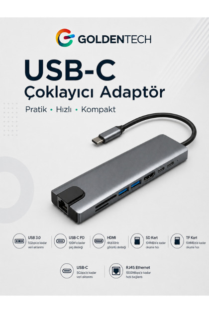 Golden Tech Macbook Pro Air Uyumlu Usb Type-c 8 Hub Dönüştürücü