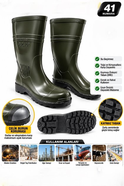 Palalı P41 Pvc Çelik Burunlu Güvenlik Çizmesi Uzun S4 Çizme 41 Numara